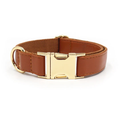Simple colour-block velvet detail on a leather dog collar shown in caramel colour.