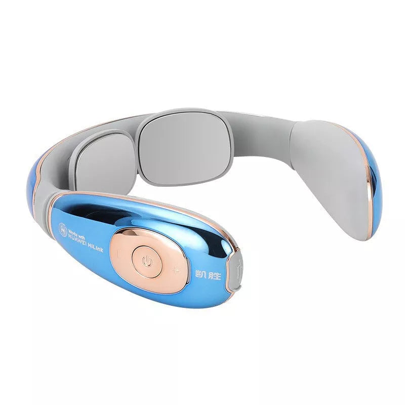 Rechargeable neck massager in white, bright blue, and sapphire blue with handheld remote
