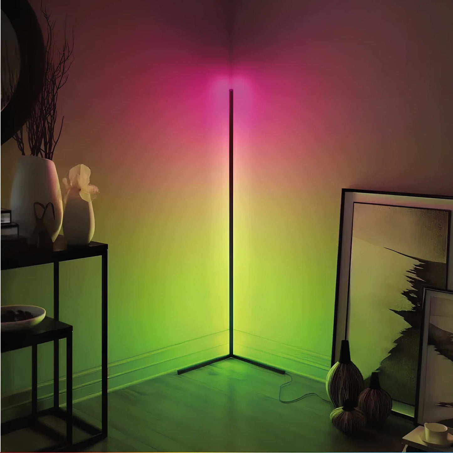 Black Bedroom Symphony RGB floor lamp with aluminium body, silicone shade, and 52-key remote for music-synced lighting