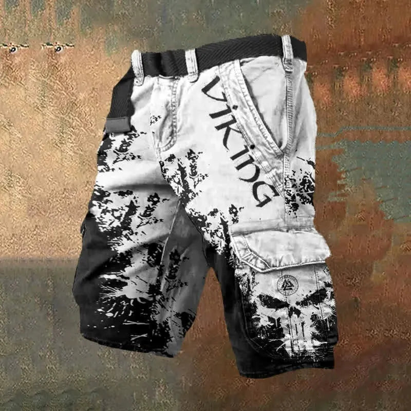 Man wearing grey 3D digitally printed polyester shorts with a zip fastening.