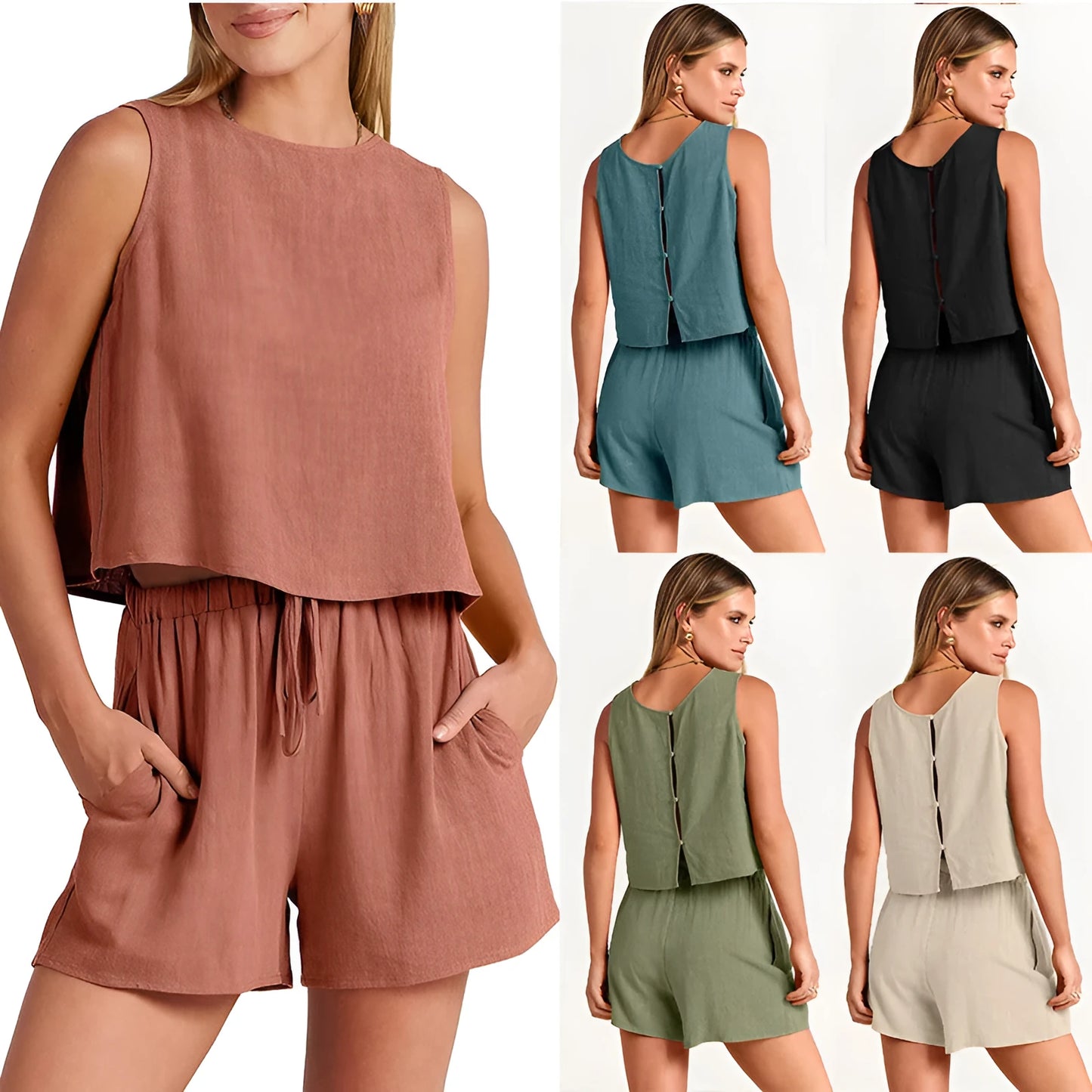 Women's apricot rayon linen summer suit set showing sleeveless top and drawstring shorts
