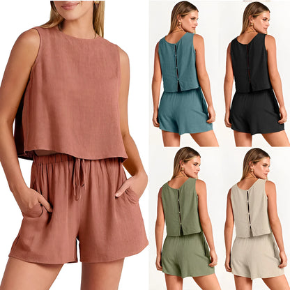 Women's apricot rayon linen summer suit set showing sleeveless top and drawstring shorts