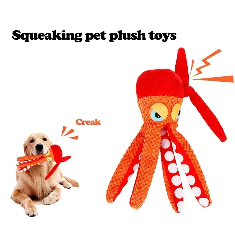 Orange plush octopus dog toy with textured tentacles for dental cleaning and squeaker inside