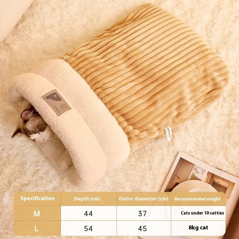 Semi-enclosed plush pet sleeping bag in brown, grey or white, sizes L and M
