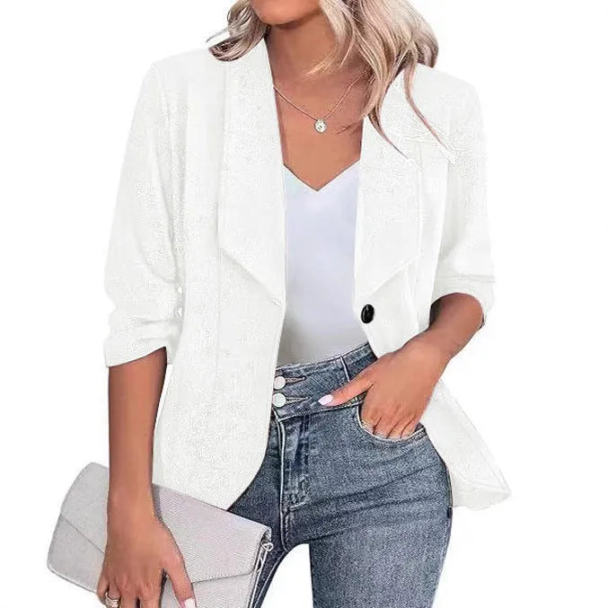 Slim fit long sleeve polyester cardigan jacket in black, white, or wine red.