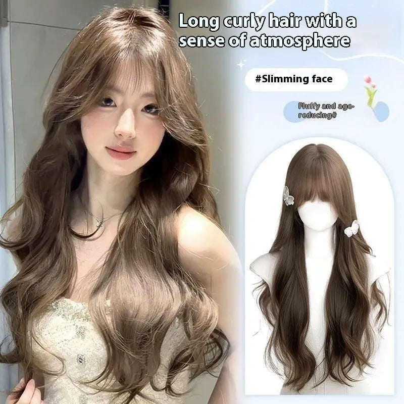 Hazelnut grey brown long curly synthetic wig with care kit on a stand