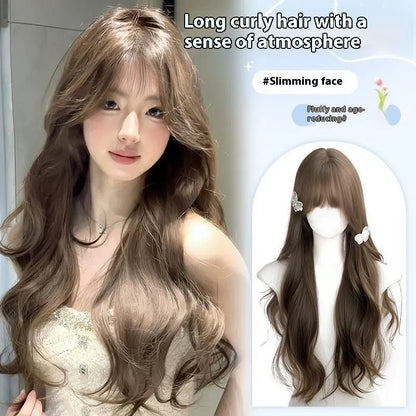 Hazelnut grey brown long curly synthetic wig with care kit on a stand