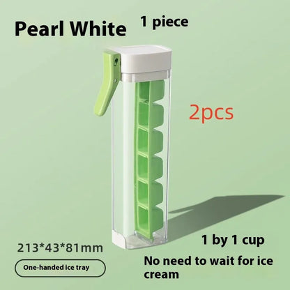 Food-grade PET press-release ice cube mould with storage box in Maldives blue and pearl white.