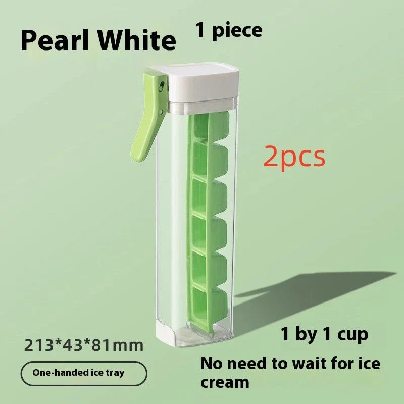 Premium one-touch ice cube tray in Maldives color and pearl white, with features like food-grade materials, easy ice cube release, and convenient storage box