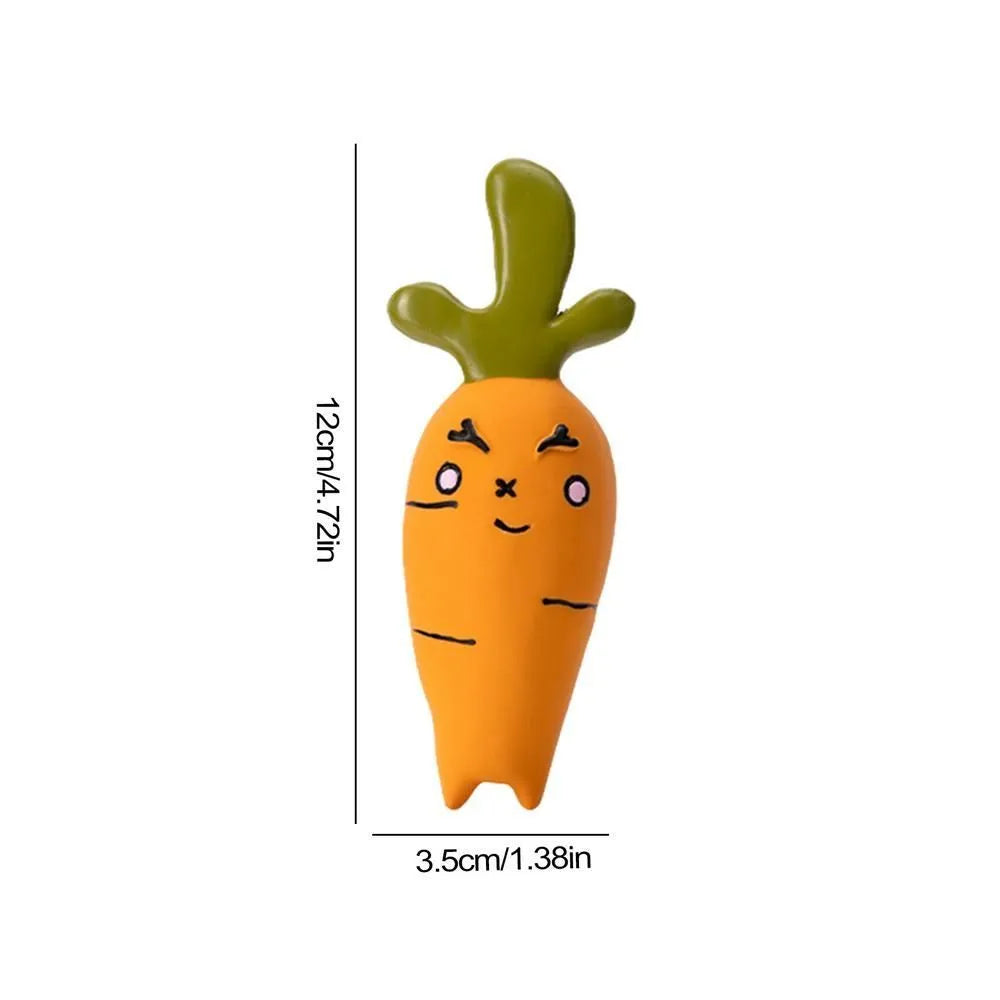 Cartoon onion and eggplant latex dog chew toy in green, orange, or purple colour options.