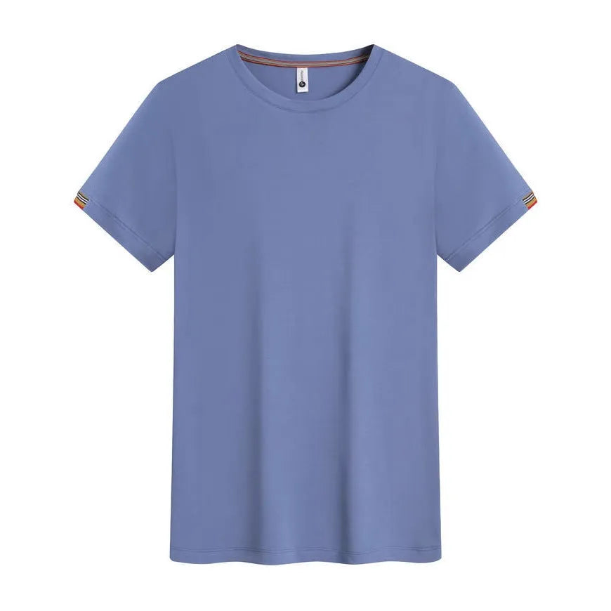 Men's grey round neck ice-feeling fibre pullover shirt for business and sports wear.