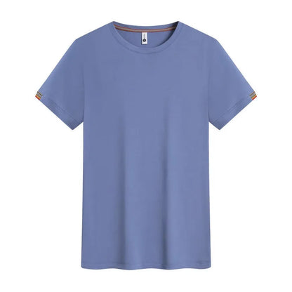 Men's grey round neck ice-feeling fibre pullover shirt for business and sports wear.