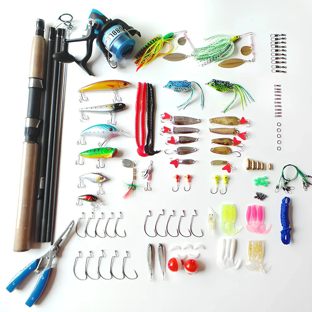 Portable fishing lure box set measuring 46cm with rod, vessel, and 125 fishing accessories organised in compartments