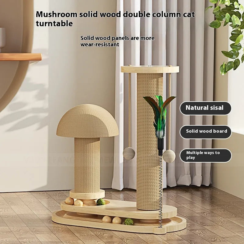 Solid wood cat scratching post with sisal rope and a brown oval turntable on a thick wooden base.