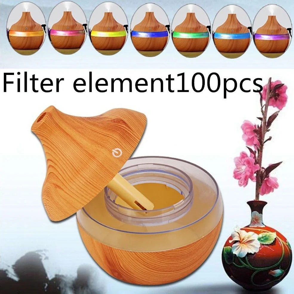 Compact wood grain USB humidifier with 300ml capacity, yellow wood-grain finish, LED lights, for aromatherapy misting
