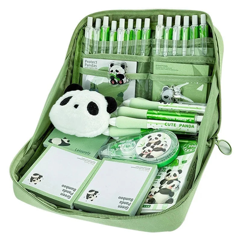 Green canvas pencil case with 12 layer panda design and multiple compartments for stationery organisation