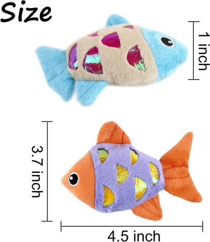 Two small plush goldfish cat toys with crinkle paper sound layer and catnip filling