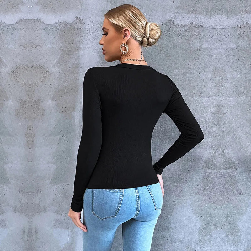 Women's Long Sleeve Slim Fit Cropped T-Shirt with Split Neck, Polyester Pullover, Black Commuting Top in XS to XL