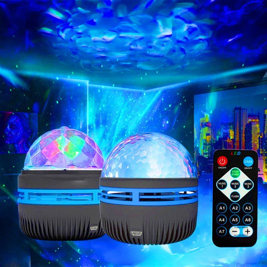 LED Galaxy Star Projector with rotating color-changing display, creating a soothing starry night effect in a bedroom