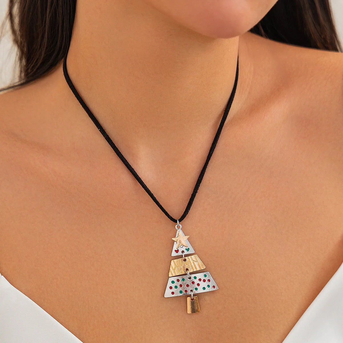 Christmas Tree Necklace and Earrings Set with five-pointed star design in mixed colours