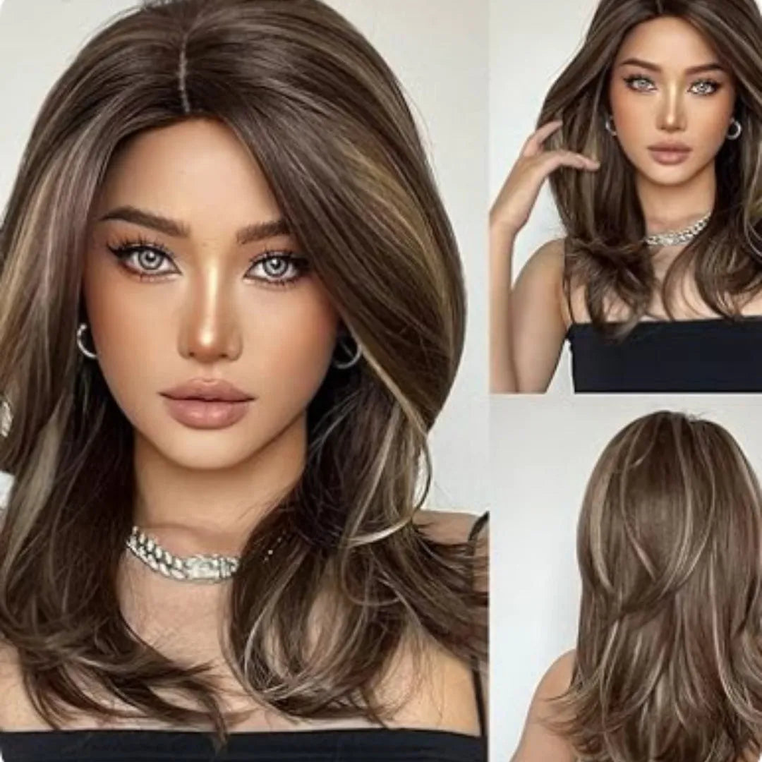 Mid-length full-head wig with platinum gradient colour, long curly hair, and bangs in star fashion style