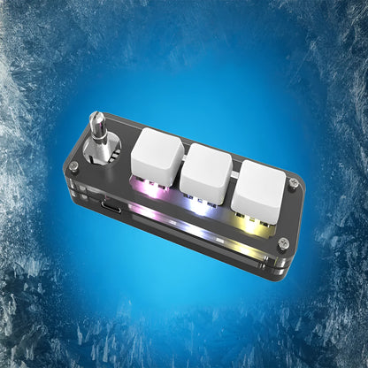 Black and white programmable mini keyboard with RGB backlight and copy/paste keys showing compact 15cm size