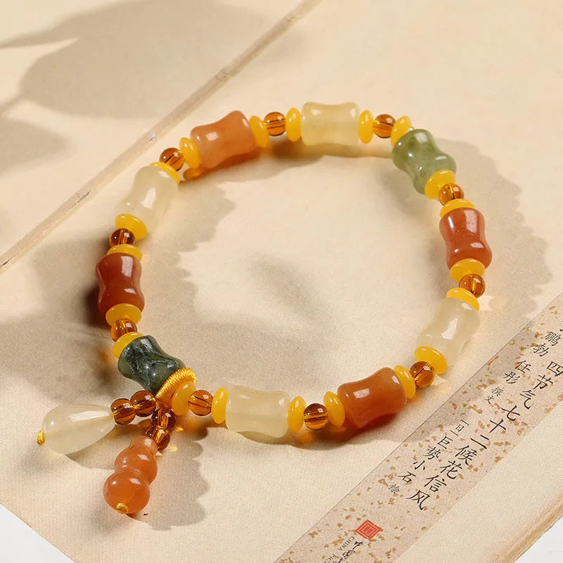 Jinsi Jade small bone beads bracelet, natural Xinjiang jade geometric beads, women's Chinese style bracelet with auspicious patterns, hand circumference 14-17 cm, 10.5x8 mm bead size
