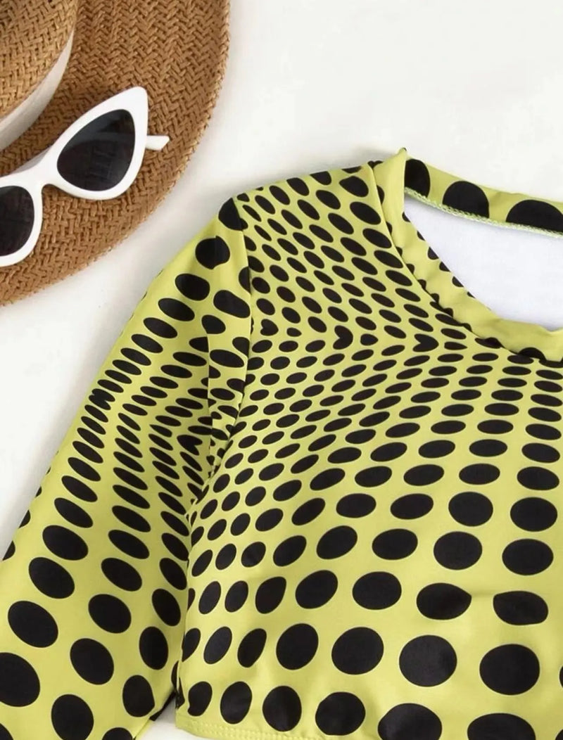 Women's swimsuit three-piece set with polka dot pattern in polyester fabric, available in green or yellow colour with S, M, L Asian size options providing bikini top, skirt, and bra coverage