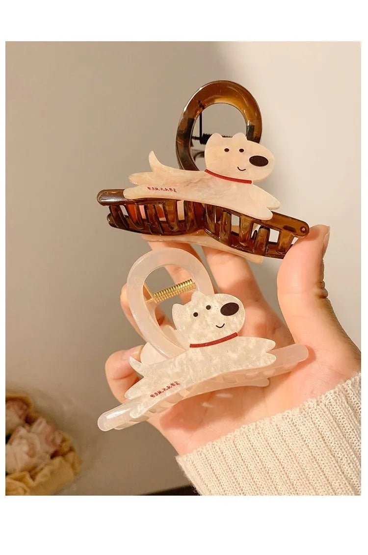 Korean style cartoon puppy hair barrette clip with grip design in beige or brown