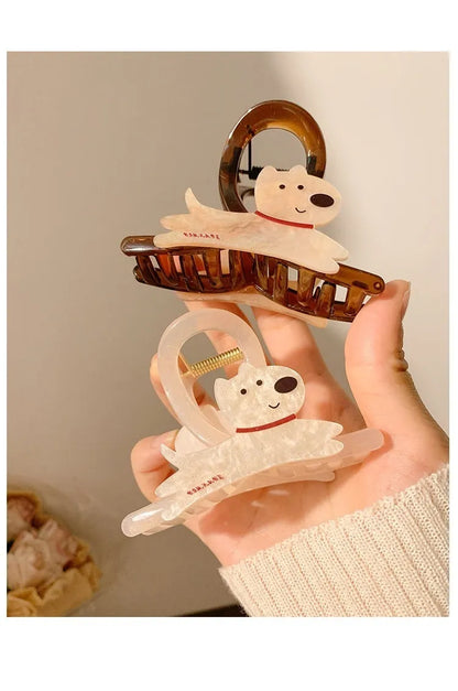 Korean style cartoon puppy hair barrette clip with grip design in beige or brown