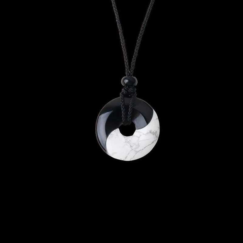 Eight-Diagram Bagua Black Silk Necklace with White Turquoise and Peace Buckle, Chinese Style Geometric Pendant with Rope, Polished Finish