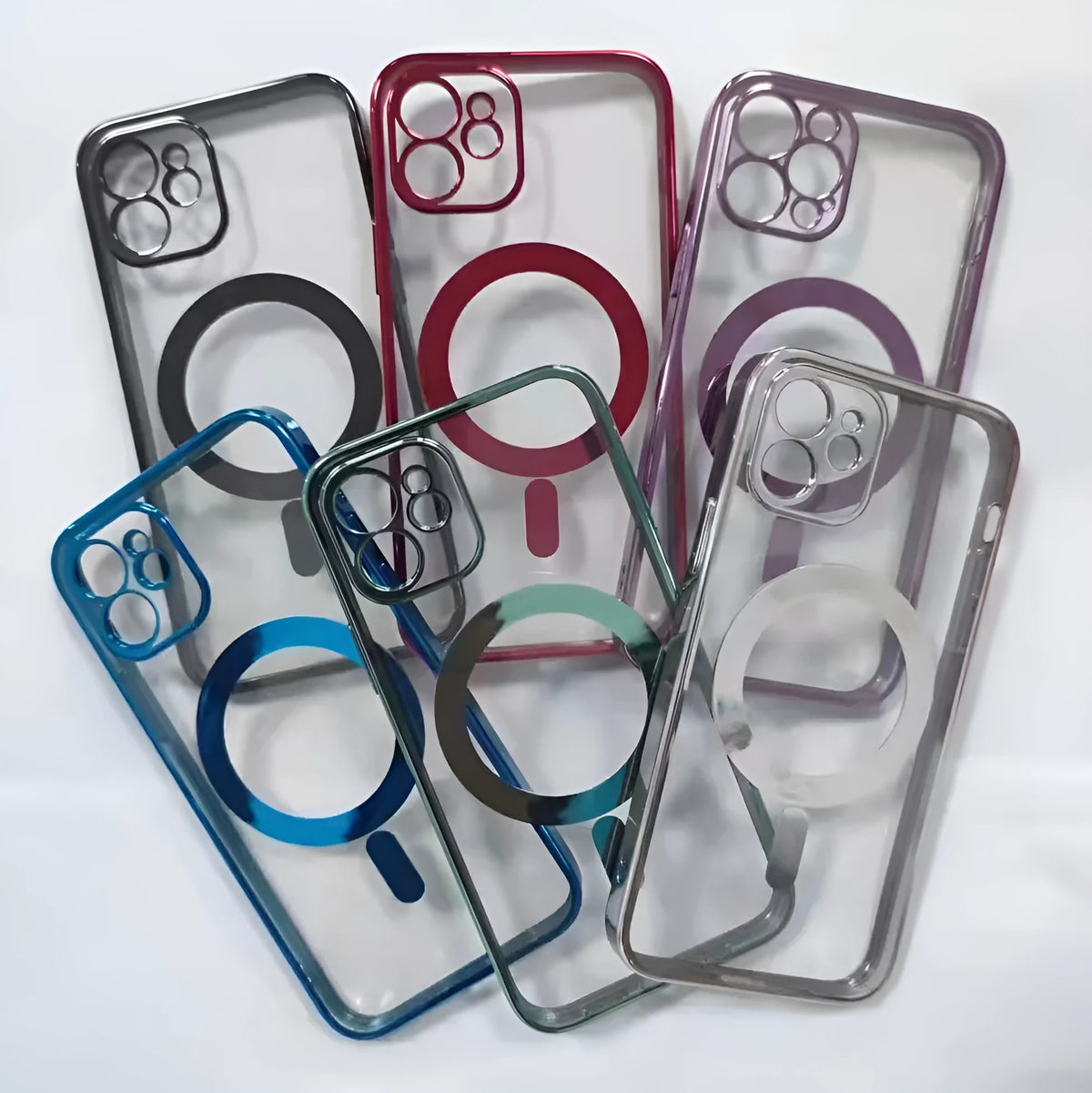 Electroplated magnetic suction back cover for iPhone case in multiple colours including black and blue.