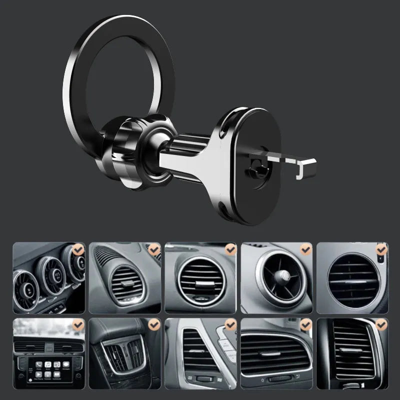 Black magnetic car air vent phone holder with silicone O-ring mounted on car vent slats.