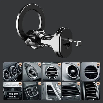Black magnetic car air vent phone holder with silicone O-ring mounted on car vent slats.