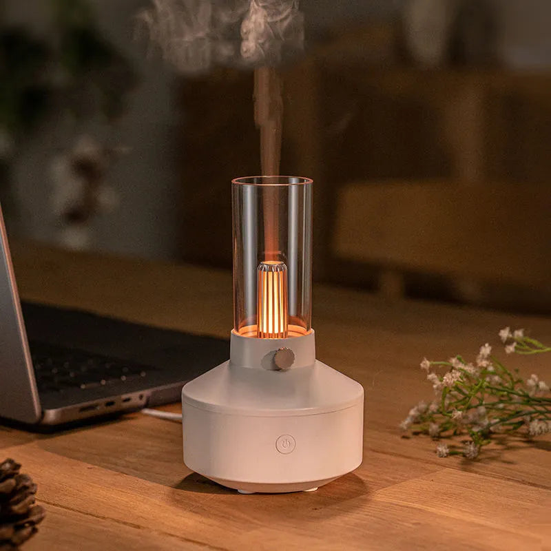 Retro 150ml ultrasonic humidifier aroma diffuser with candlelight night light, available in Black or White