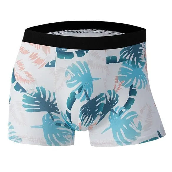 Men's printed ice silk underwear briefs in a floral design, showing mid-waist fit.