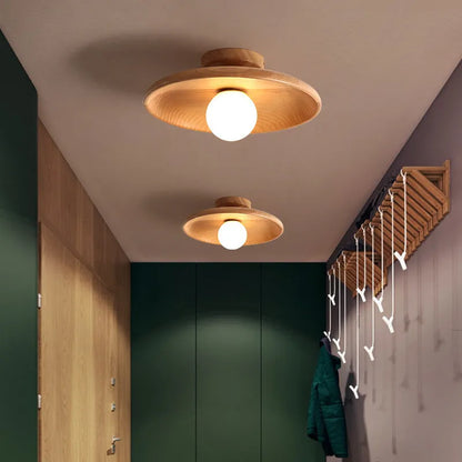 Solid wood minimalist ceiling lamp with glass shade in wood or walnut finish
