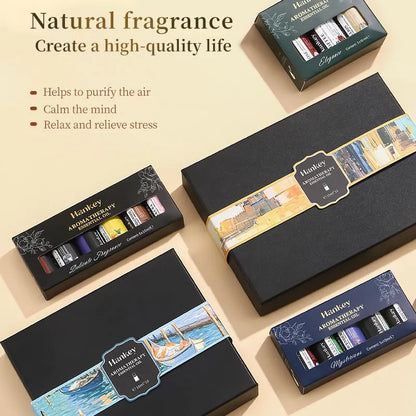 Boxed set of water-soluble aromatherapy essential oils in vials, available in multiple pack sizes.
