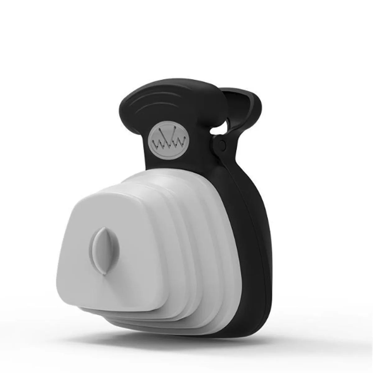 Blue portable dog pooper scooper with carabiner clip and waste bag dispenser, shown next to a waste bag.