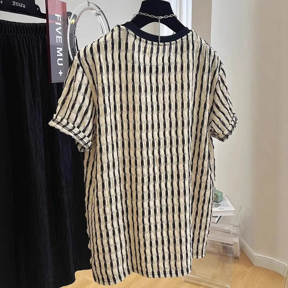 Black striped men's loose-fit short-sleeve casual shirt made from silk and linen blend fabric
