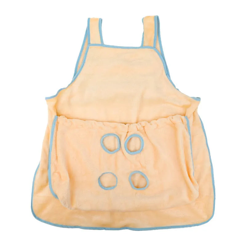 Beige plush pet carrier apron with adjustable neck strap and fresh air opening for small cat or dog