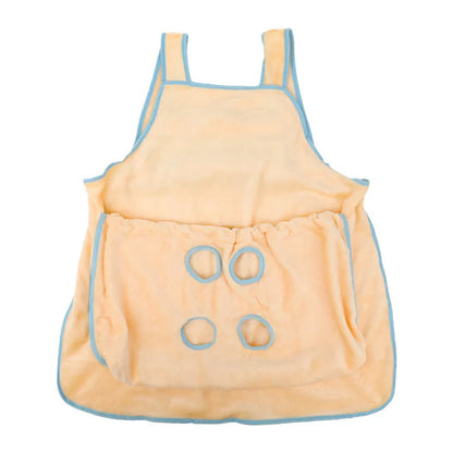 Beige plush pet carrier apron with adjustable neck strap and fresh air opening for small cat or dog