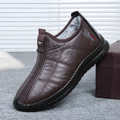 Men's brown casual winter boots with a round toe, buckle closure, and a low-top cotton upper.