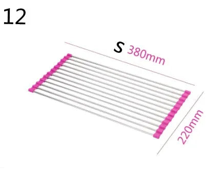 Folding stainless steel kitchen drain rack with coloured plastic tubes, shown open for use.