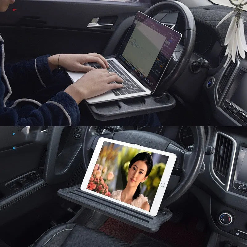 Black plastic car desk tray measuring 42cm by 28cm for vehicle organisation and mobile workspace