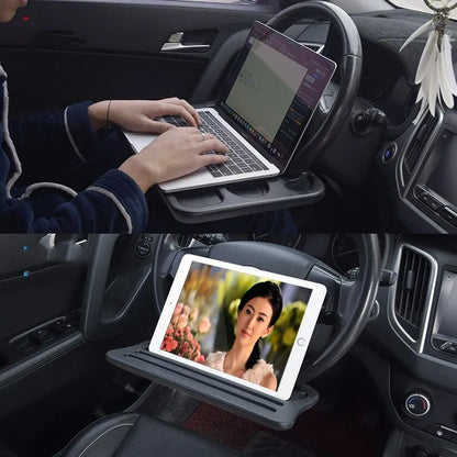 Black plastic car desk tray measuring 42cm by 28cm for vehicle organisation and mobile workspace