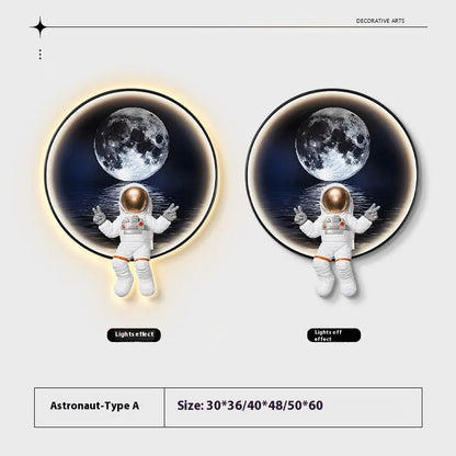 Space-themed canvas wall art with optional LED bedside lamp for children's bedrooms in Spaceman pattern