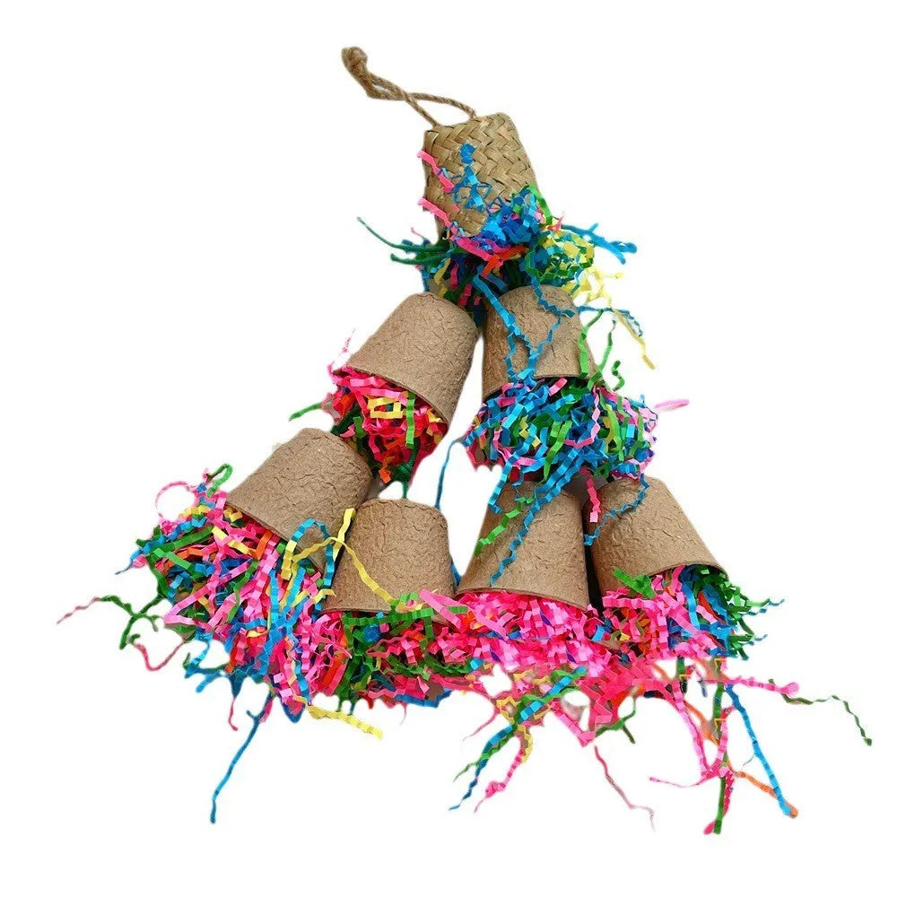 Natural palm leaf parrot chewing toy hanging with woven paper cup design.