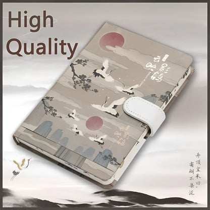 A5 wire-bound retro style notebook with colourful illustrated cover, shown with included pen.
