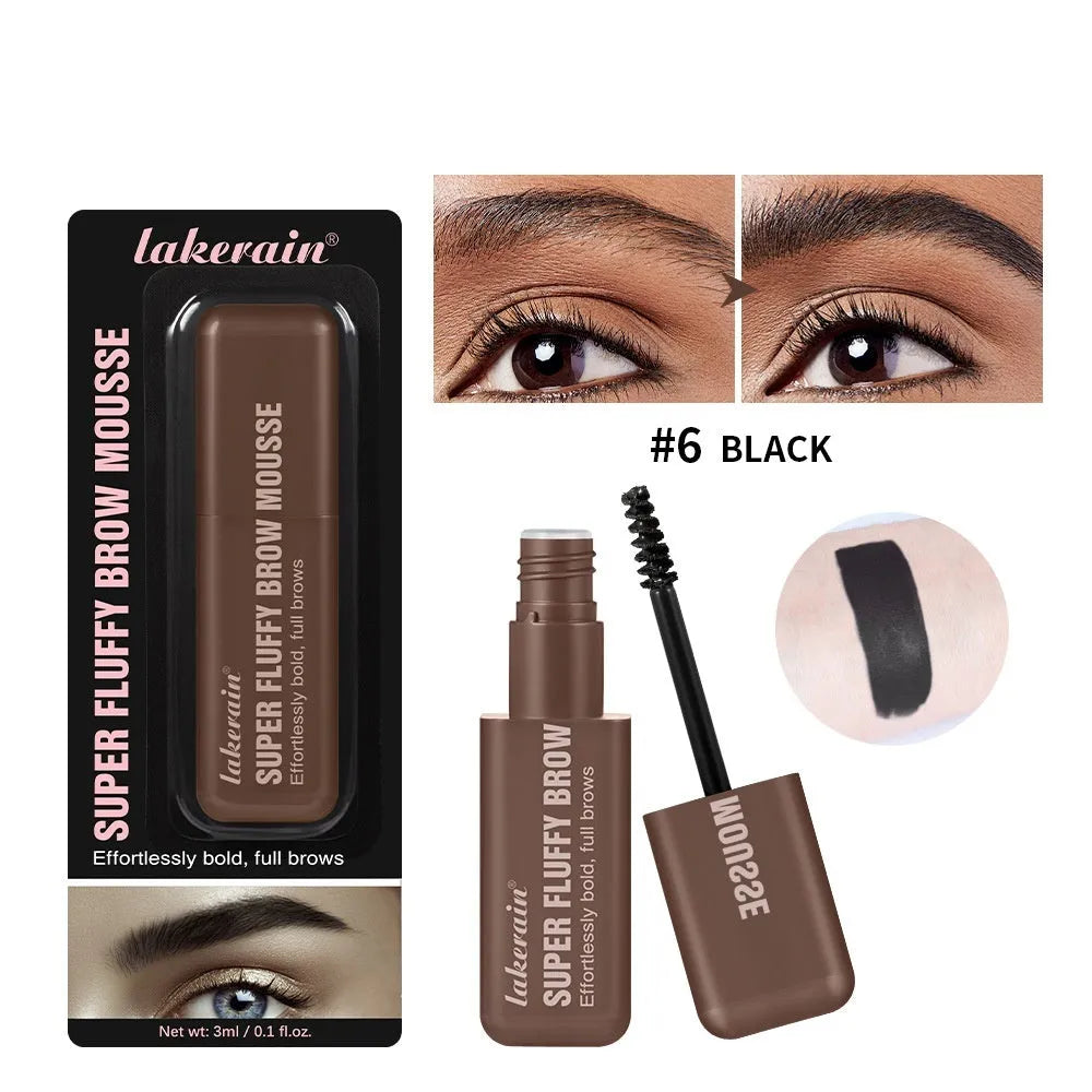 Eyebrow cream mousse in packaging with six shade options for long-lasting, three-dimensional brow definition.